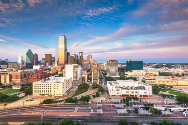 Dallas, Texas, USA downtown city skyline at twilight.